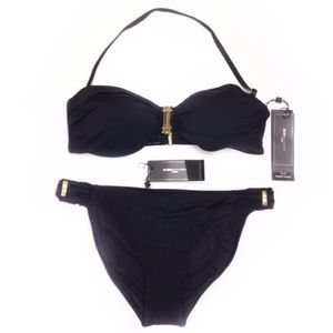 BCBG BLACK BIKINI SET BANDEAU GOLD STUD PADDED